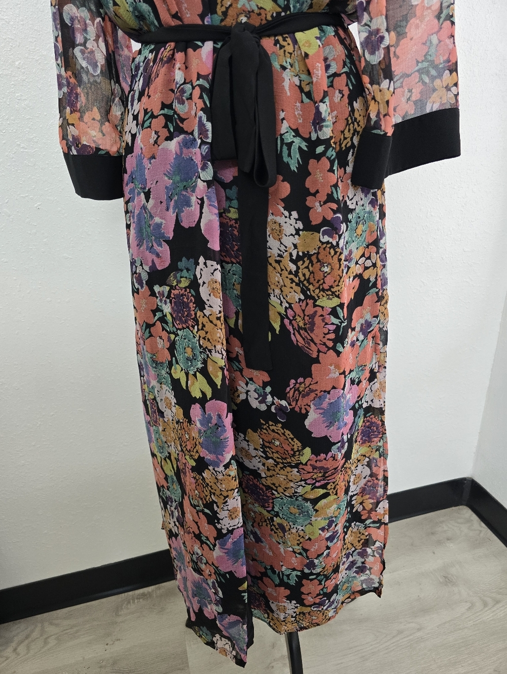 Anthropologie If By Sea NWT Penolope Floral Long Kimono Duster Black Trim Large - Picture 7 of 10